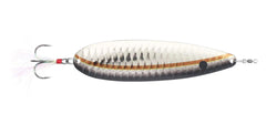 Nichols Lures Ben Parker Mini Magnum Flutter Spoon 6in shines with pearl flashabou for bass targeting deep ledges.