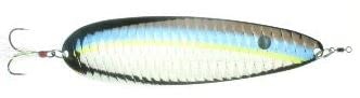 Nichols Lures Mini Magnum Flutter Spoon Super Shad 6in shines with flash to attract bass near ledges