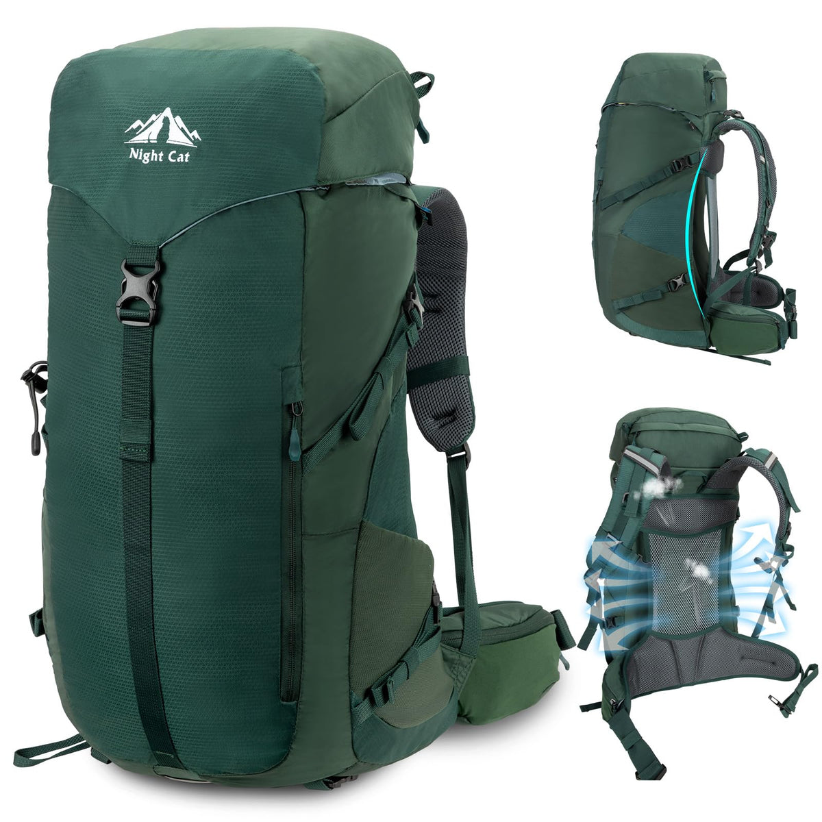 Night Cat 50L internal-frame hiking backpack green front view with ample capacity.
