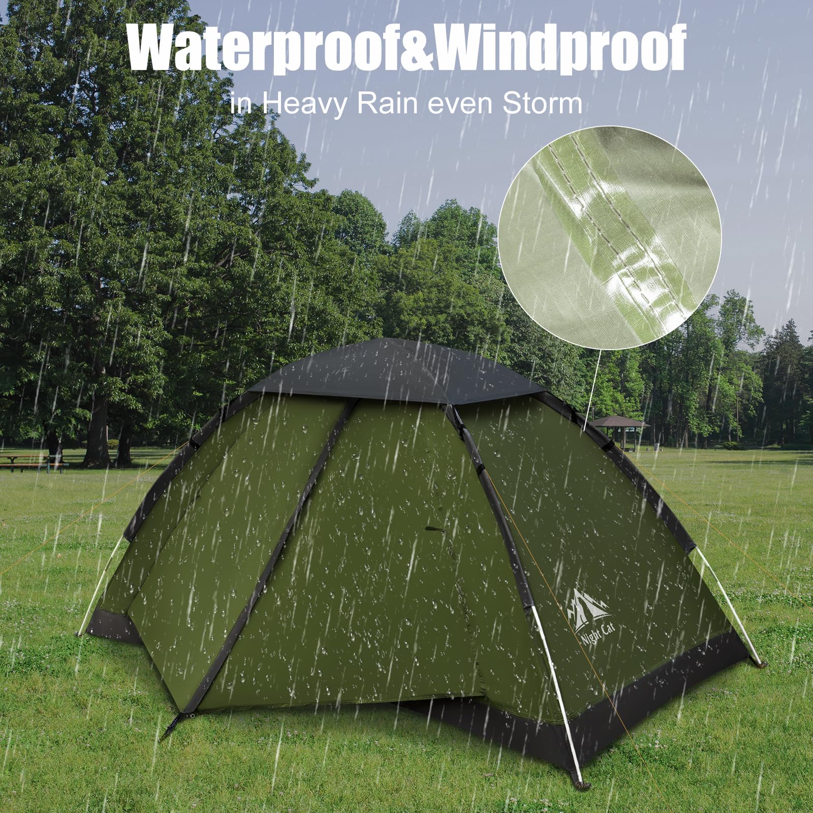 Night Cat tent fabric is rainproof to 3000mm with sealed seams.