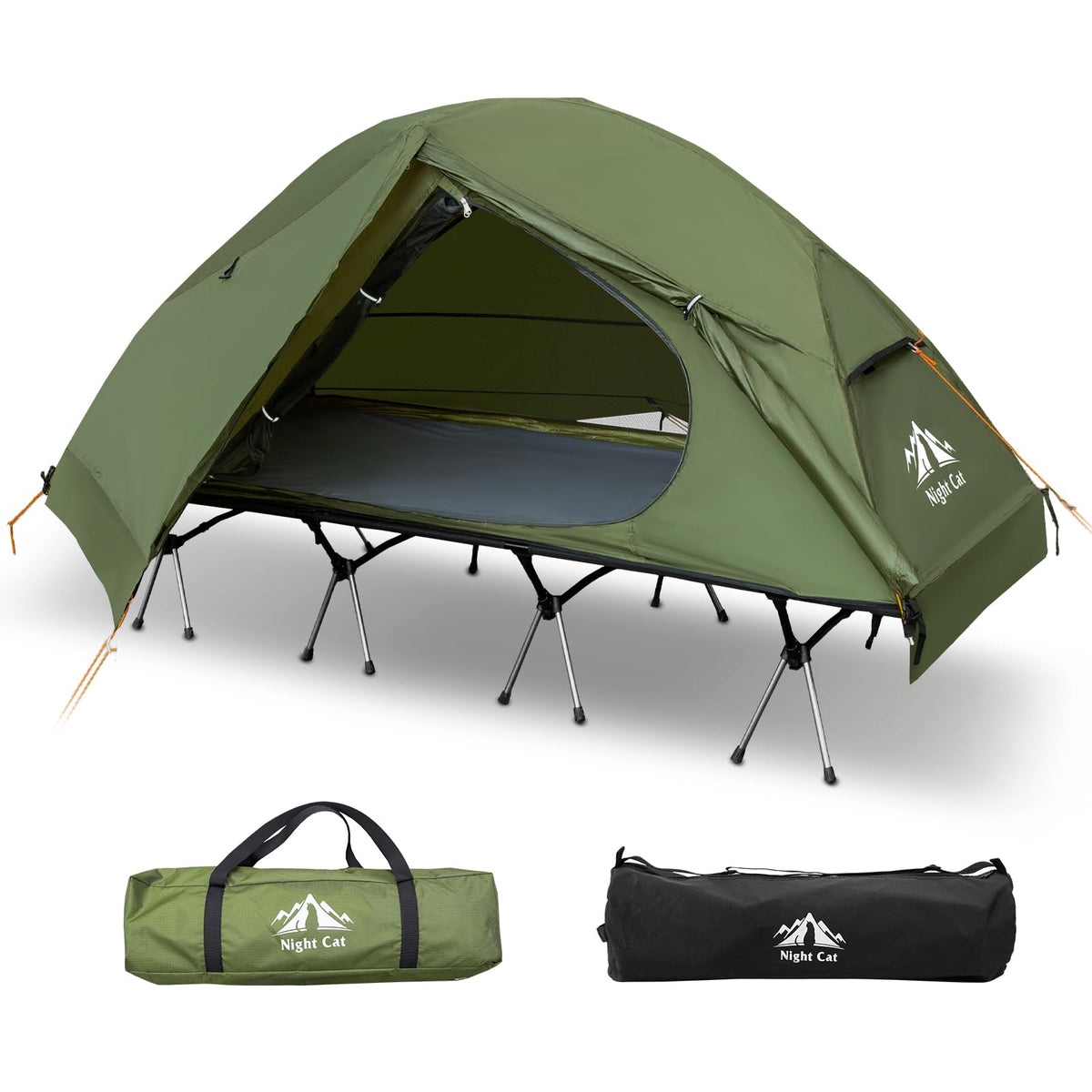 Night Cat camping cot tent combo setup on campsite for elevated comfort