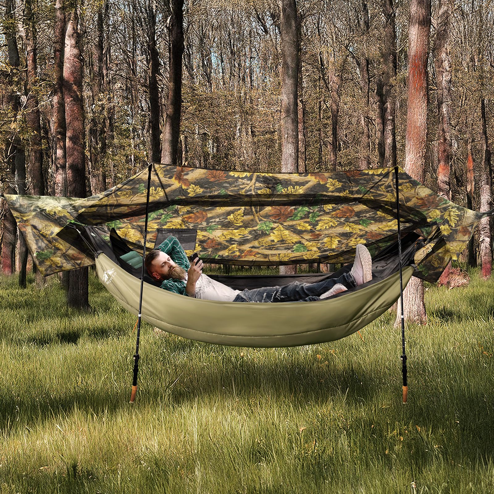 Night Cat hammock rain fly in rain scene showing weatherproof shelter.