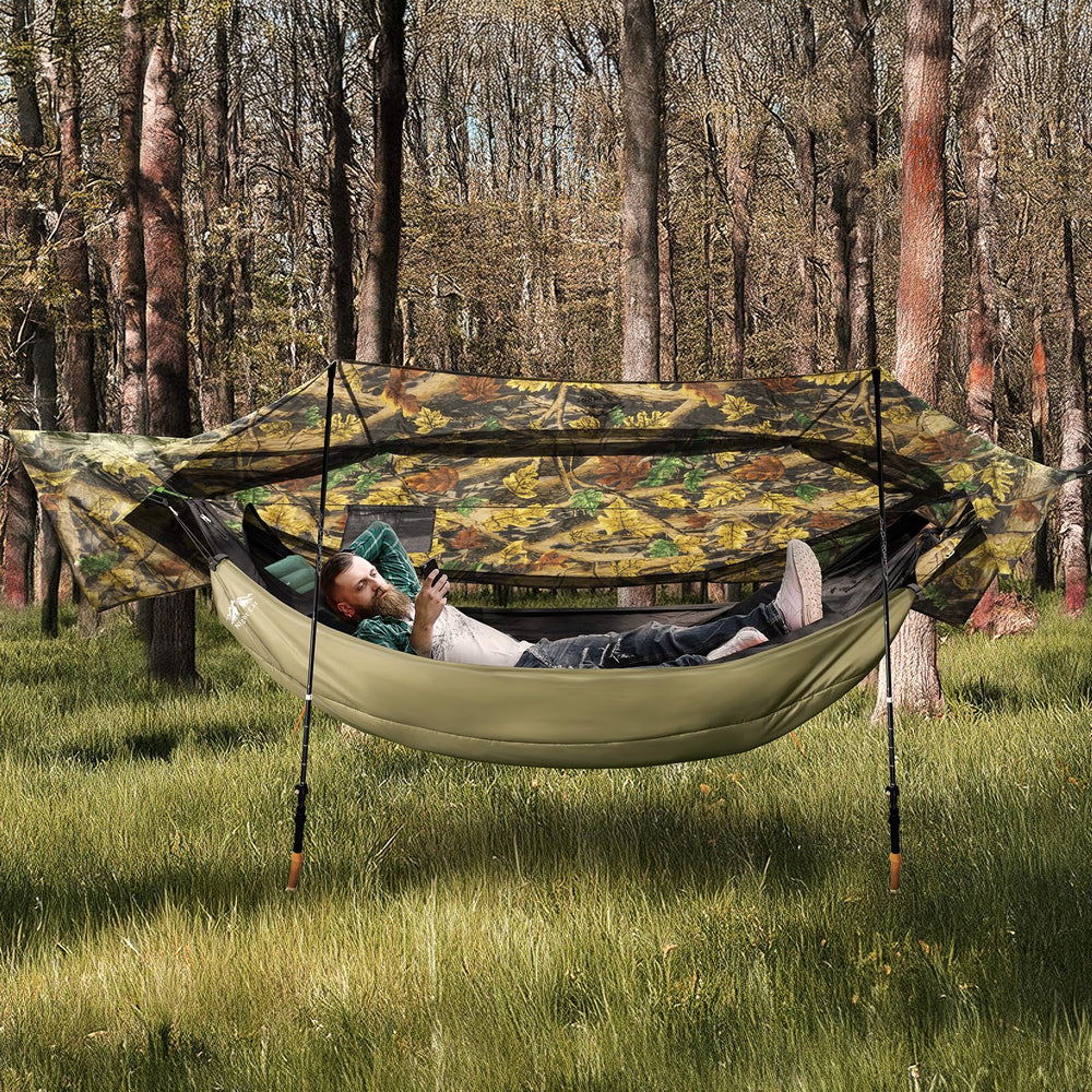 Night Cat hammock rain fly in rain scene showing weatherproof shelter.