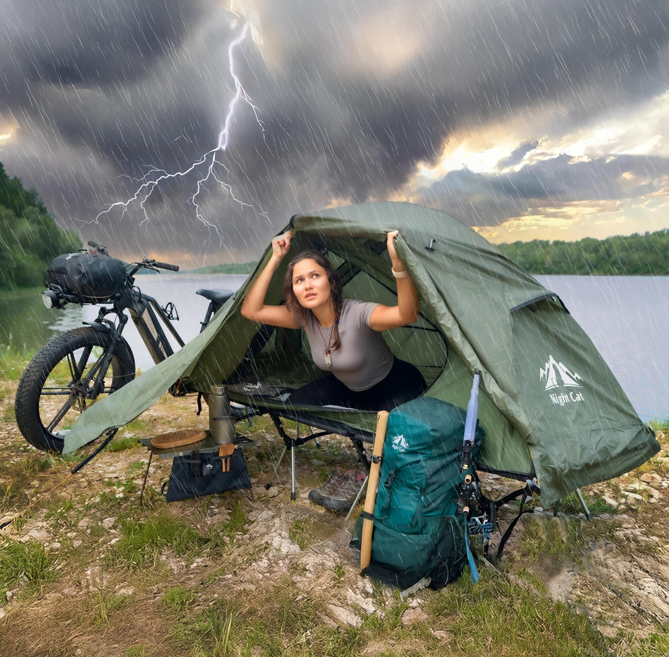 Night Cat cot tent with guylines stabilizing against wind
