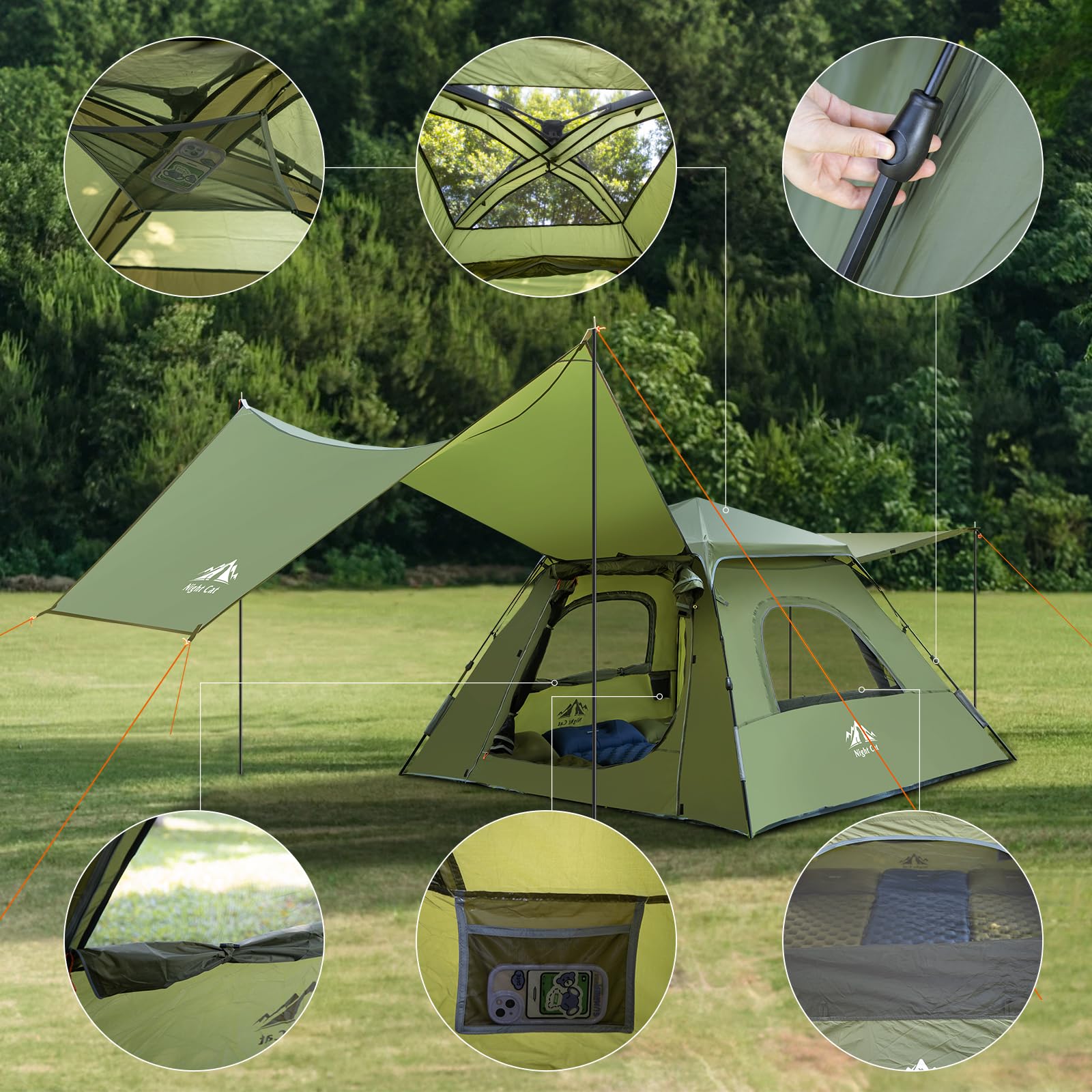 Night Cat family camping scene showcases comfortable all-in-one shelter for gatherings