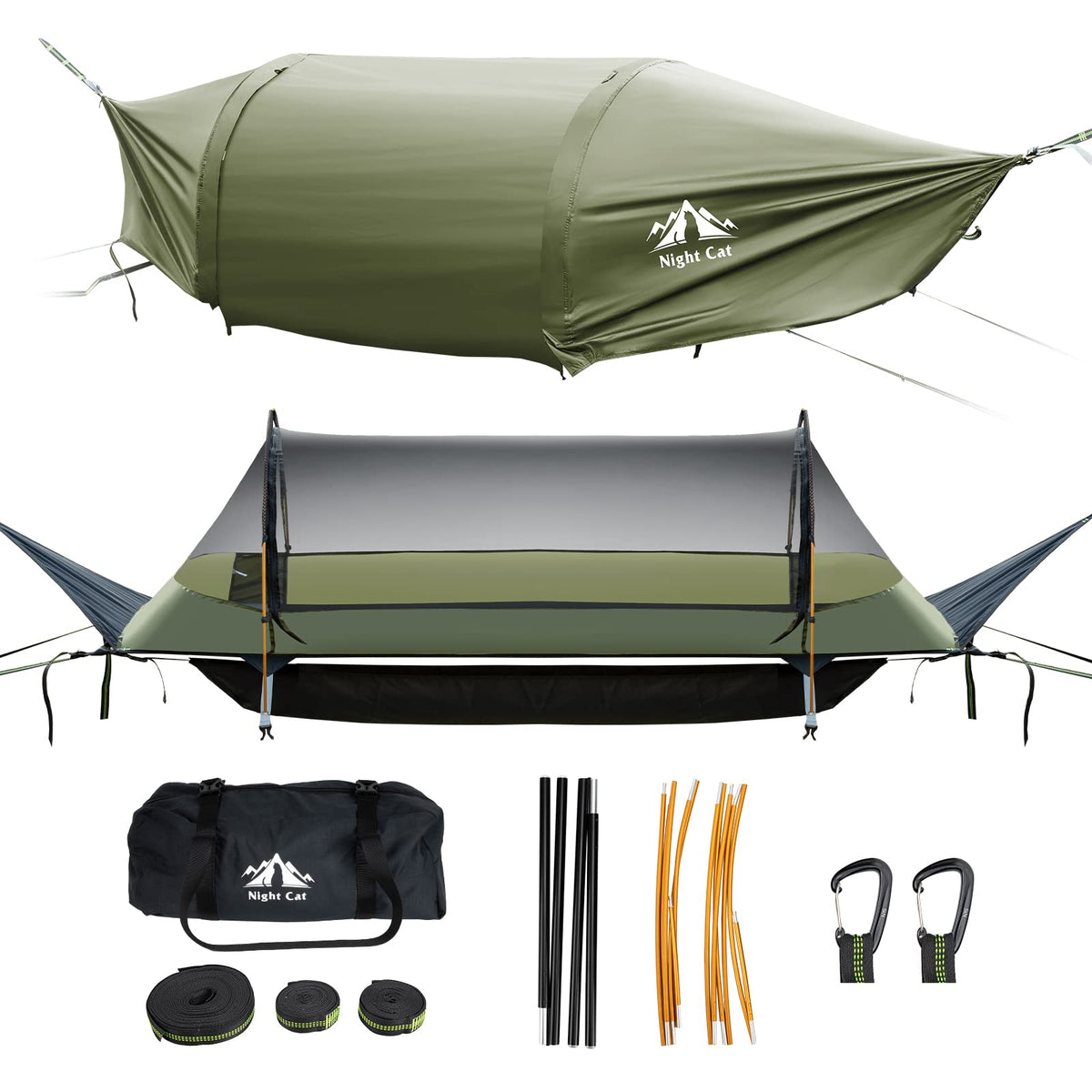 Night Cat flat-lay hammock tent setup shows a spacious, bed-like sleep for solo hikers.