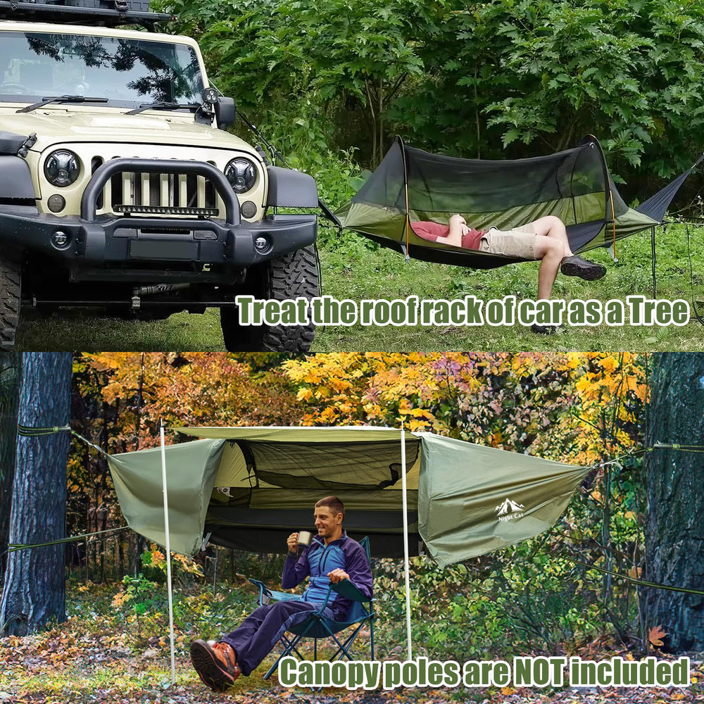 Night Cat hammock tent accessories image shows straps, poles, carabiners for quick setup.