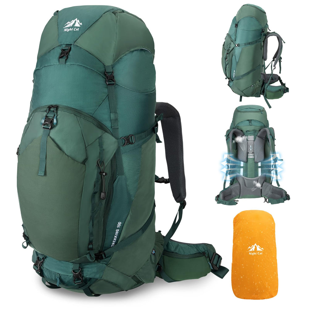 Night Cat internal-frame hiking backpack front view highlights 100l capacity for long treks.