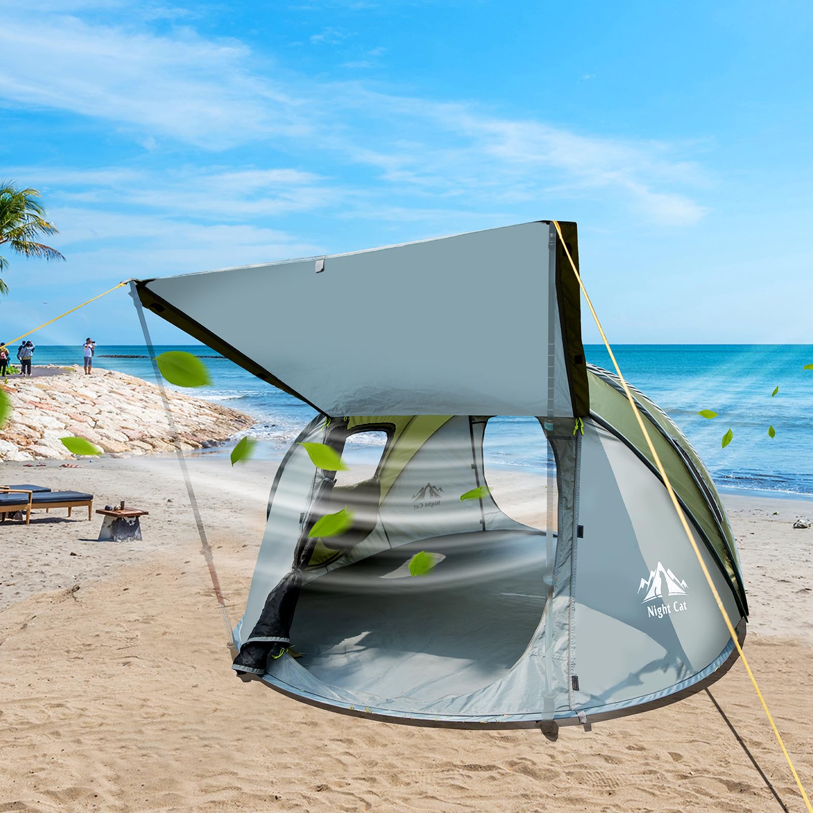 Night Cat pop-up tent at the beach offers breezy shade and wind resistance.