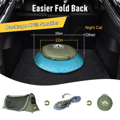 Night Cat pop-up tent fits with camping cot under 87x28 inches for off-ground comfort.
