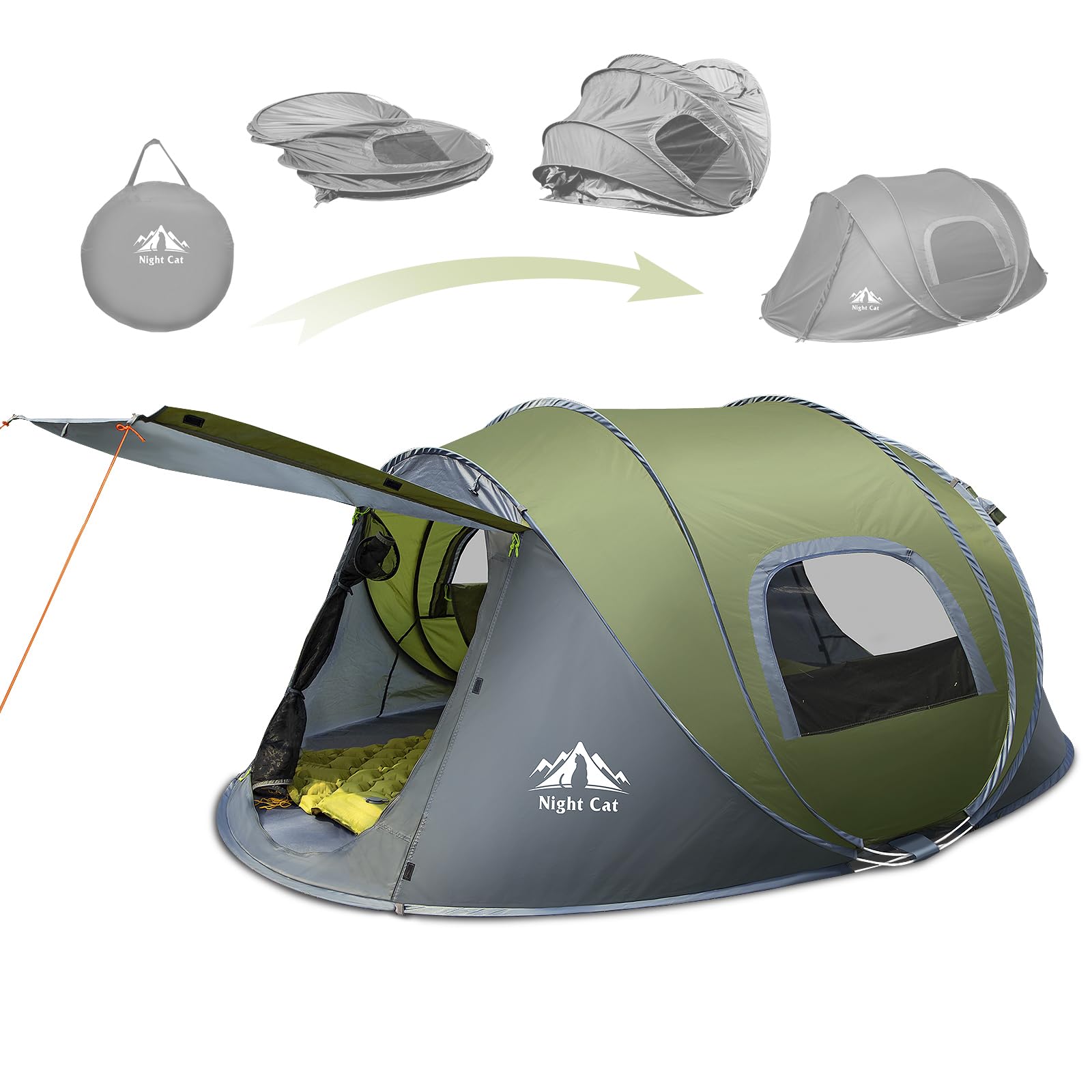 Night Cat pop-up tent front porch setup for shaded outdoor lounging.