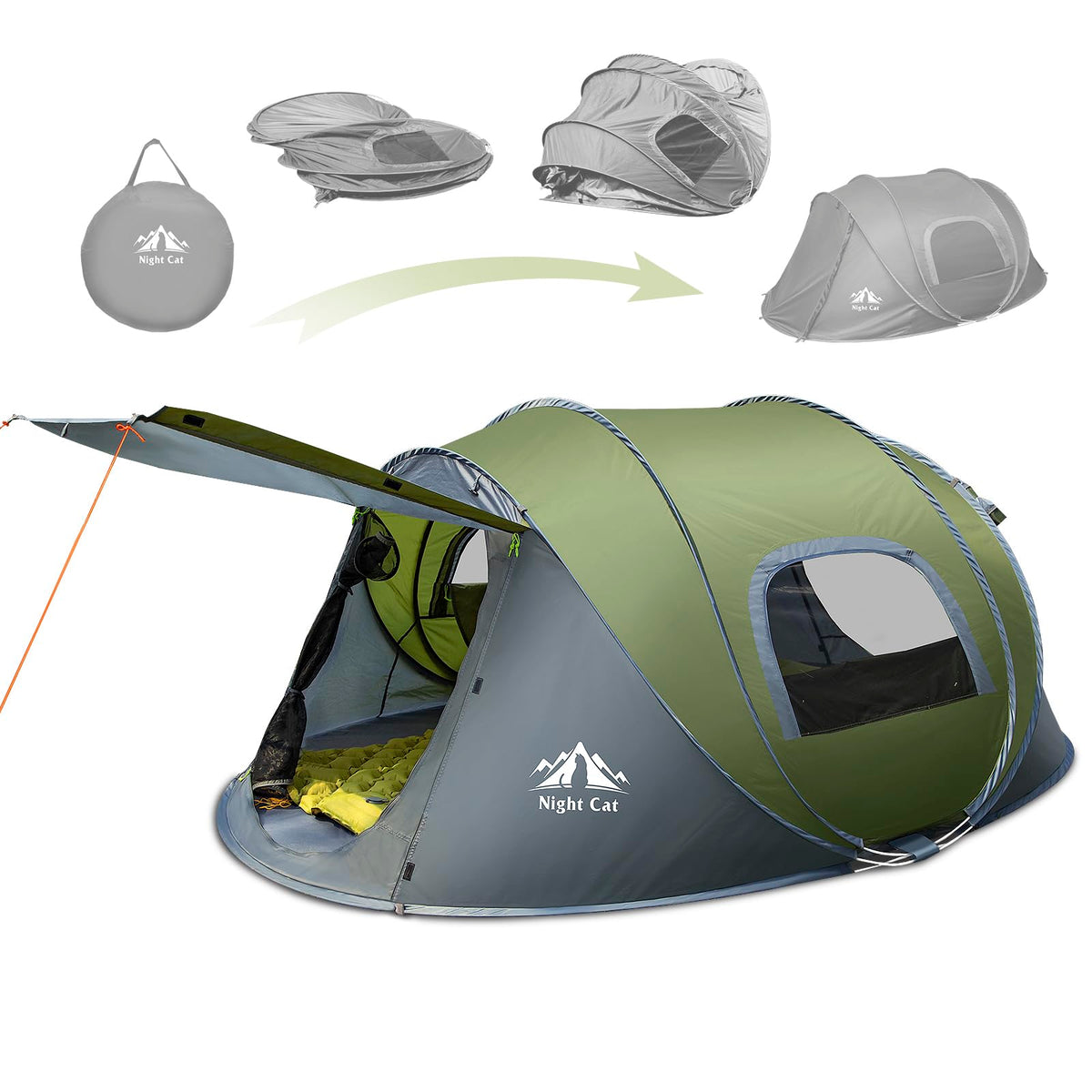 Night Cat pop-up tent front porch setup for shaded outdoor lounging.