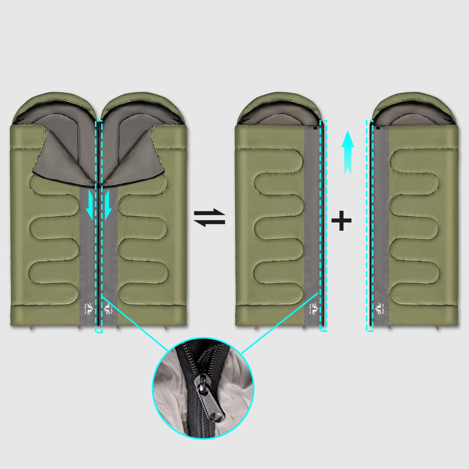 Night Cat sleeping bag queen-size setup ideal for two campers outdoors.