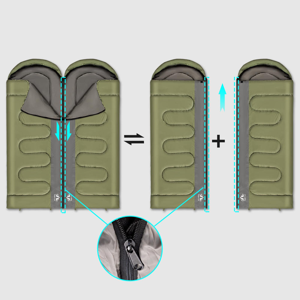 Night Cat sleeping bag queen-size setup ideal for two campers outdoors.