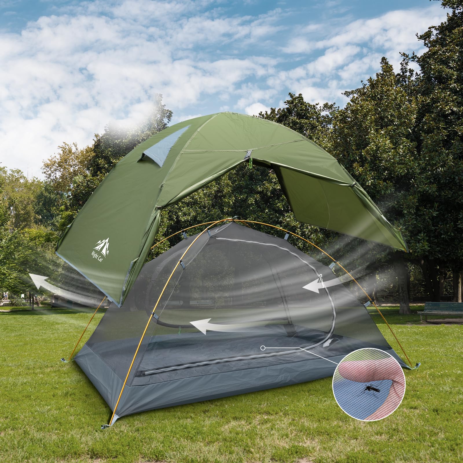 Night Cat tent double-layer doors offering versatile entry for easy access.