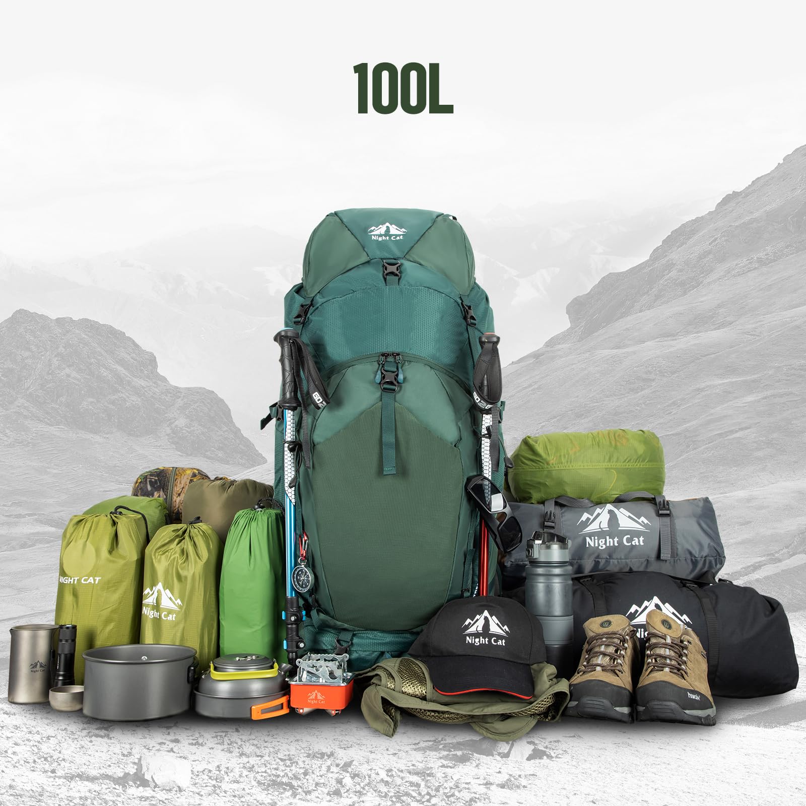 Night Cat trekking backpack main compartment open for easy gear access.