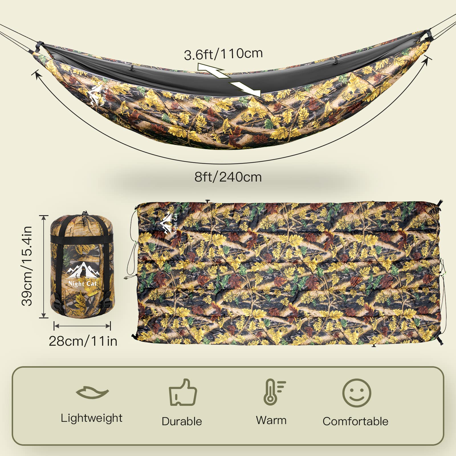 Night Cat underquilt shows 8x3.6ft dimensions fitting most hammocks comfortably.