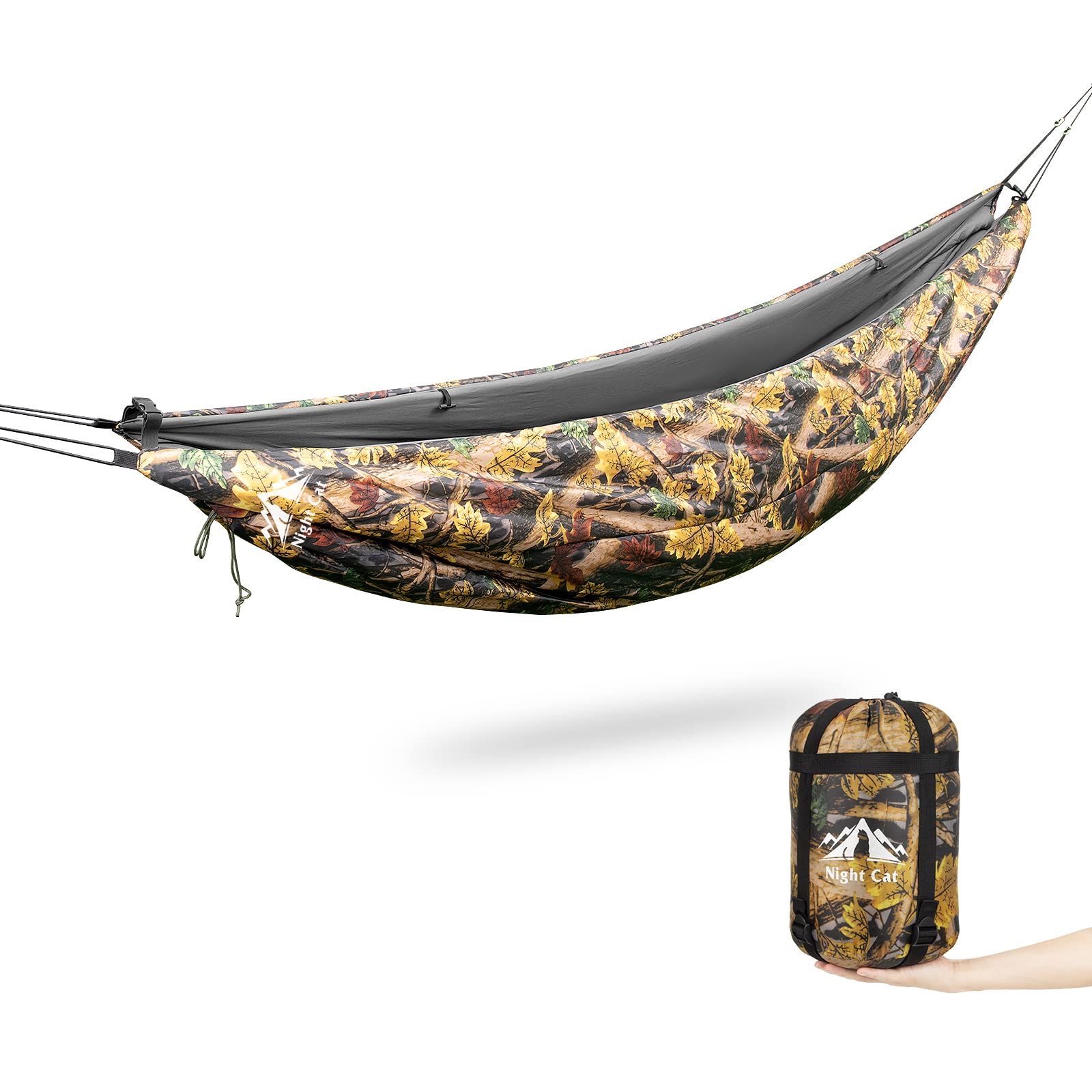 Night Cat underquilt fabric closeup, durable 190T polyester, lasting warmth for camping.