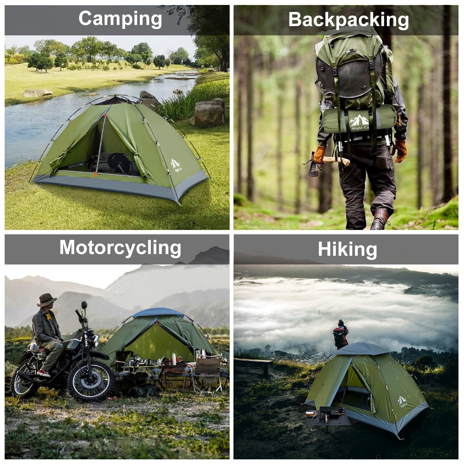 Night Cat upgraded tent stability with fiberglass poles and stakes for windy conditions