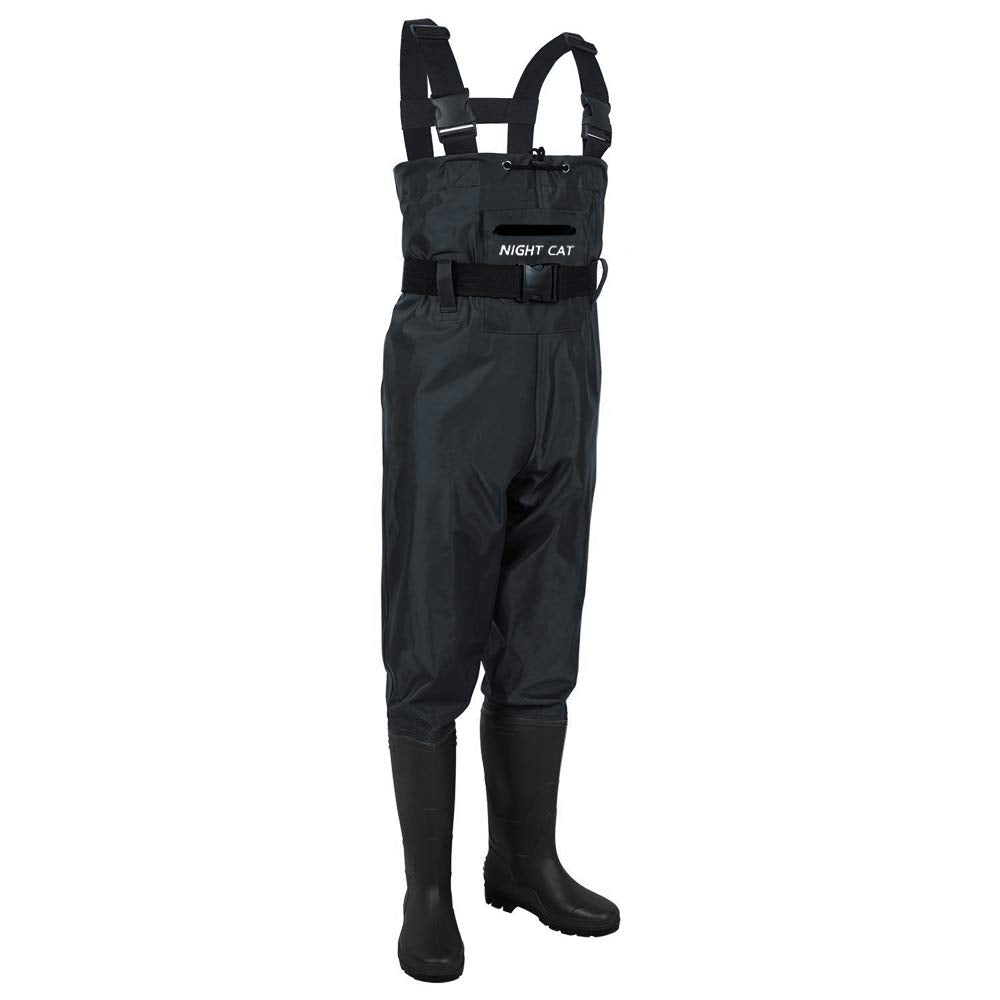 Night Cat integrated-boots-pants design shows seamless waterproof construction for reliable wading.