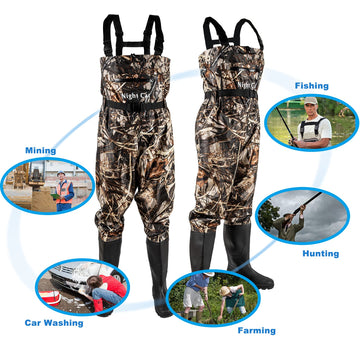 Night Cat waders camouflage pattern for low-profile visibility in outdoors.