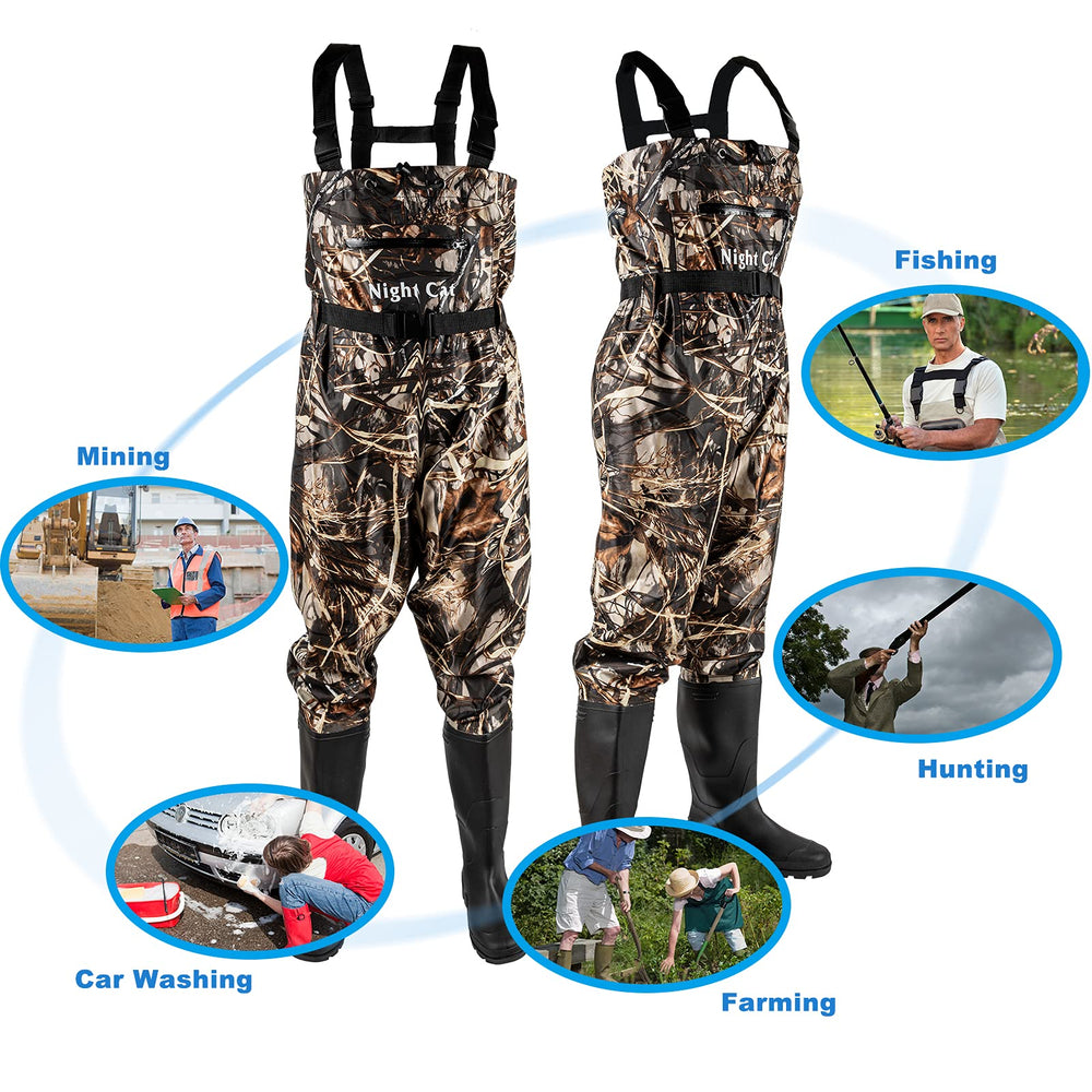 Night Cat waders camouflage pattern for low-profile visibility in outdoors.