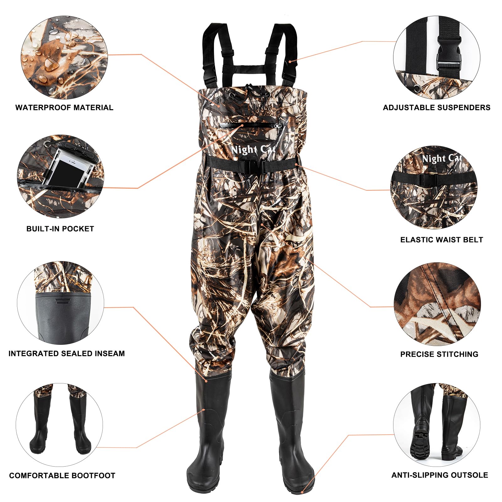 Night Cat waders integrated pants and boots design prevents leaks.