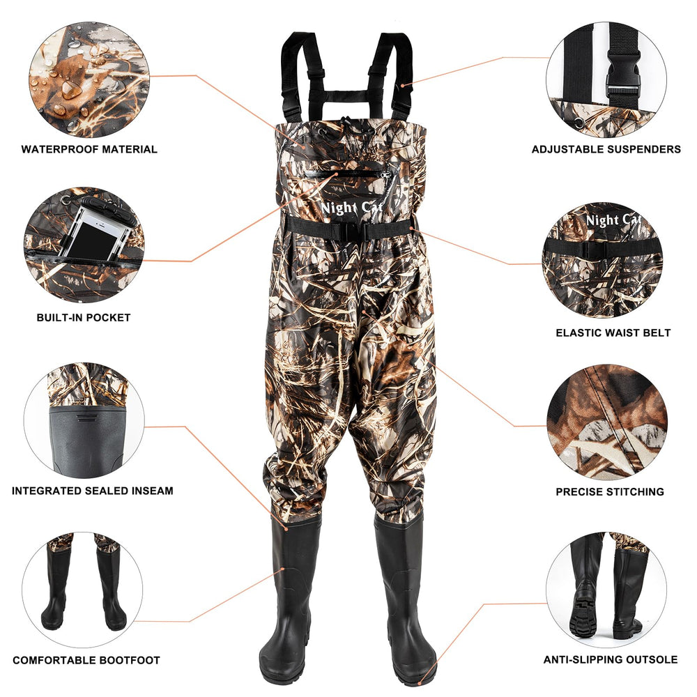 Night Cat waders integrated pants and boots design prevents leaks.