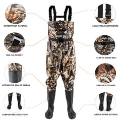 Night Cat waders integrated pants and boots design prevents leaks.