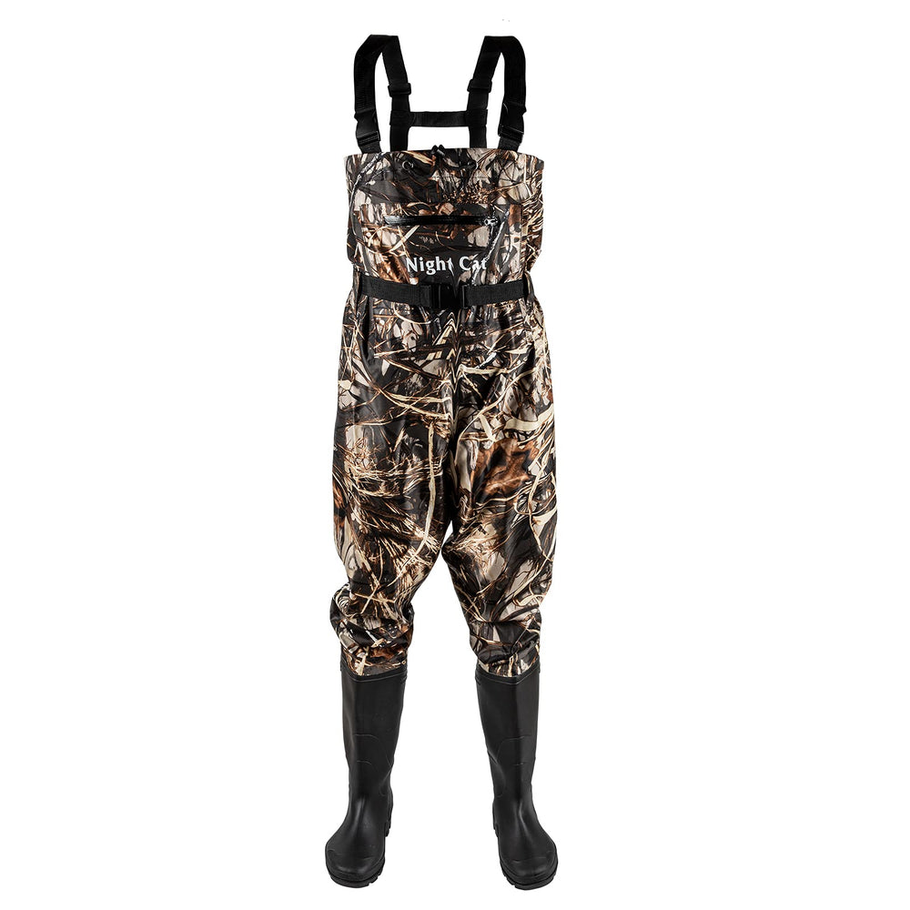 Night Cat waders waterproof fabric close-up shows sturdy two-ply nylon PVC coat.