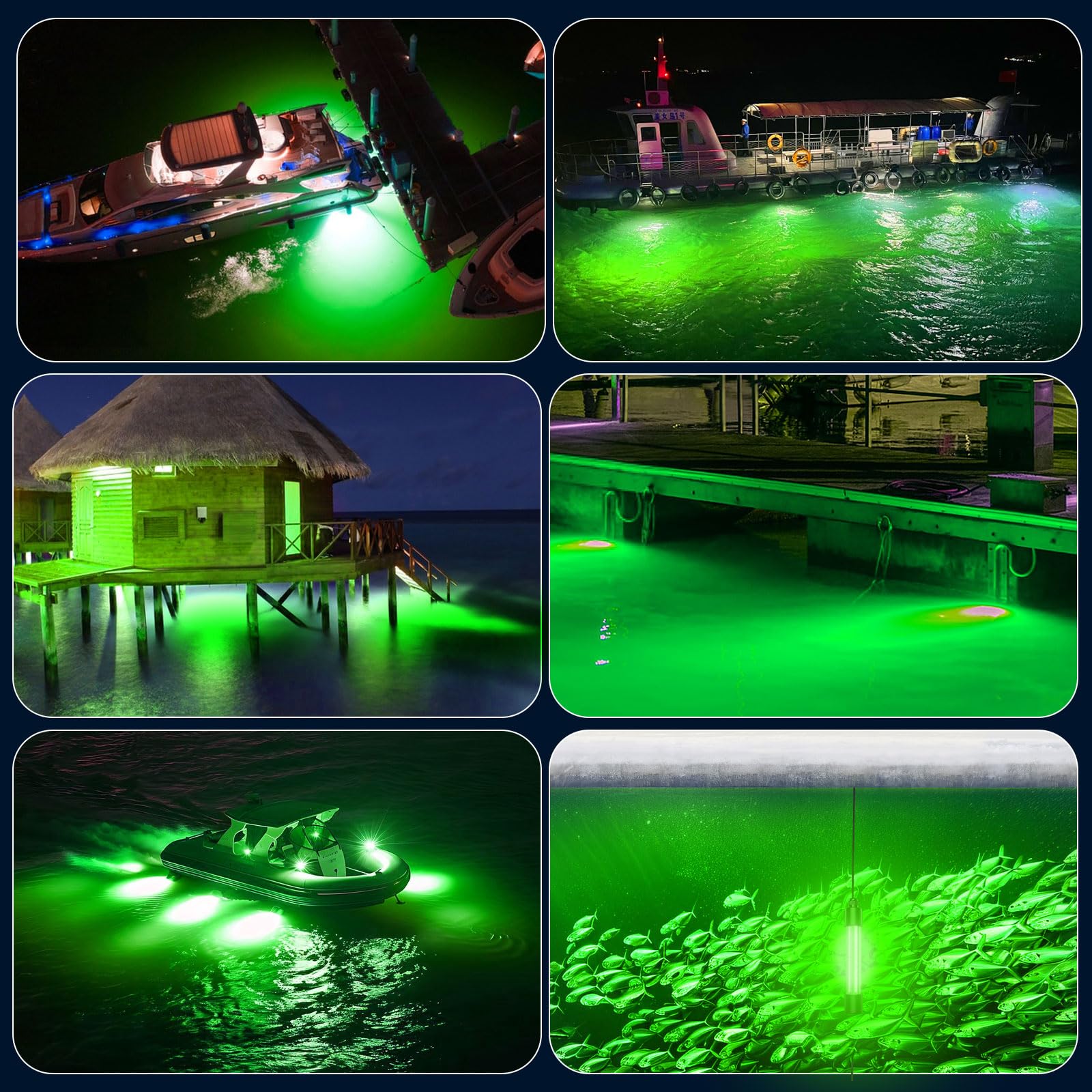 Night fishing scene with green glow attracting fish near a boat