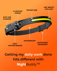 NightBuddy headlamp lighting a dark trail for safe navigation
