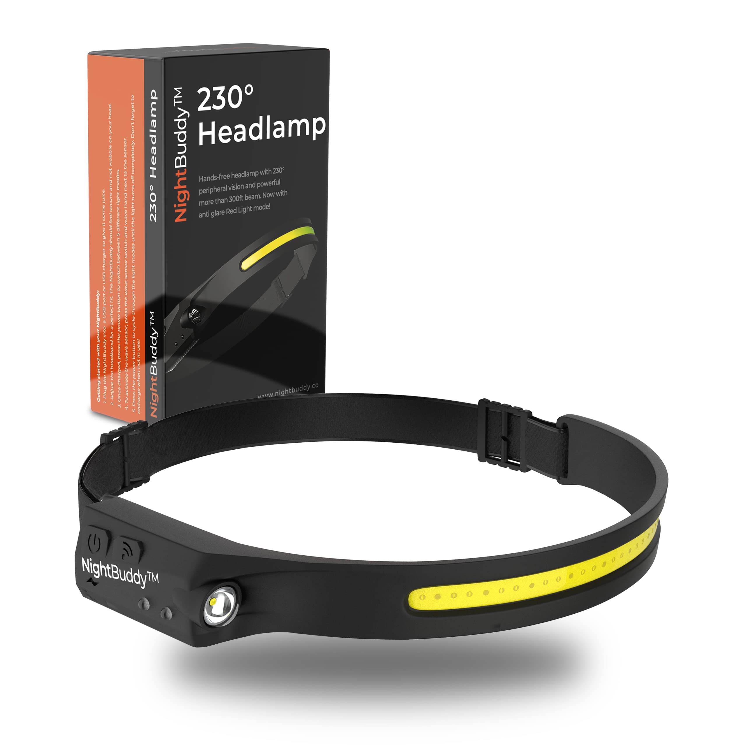 NightBuddy Original headlamp worn on headband for hands-free visibility