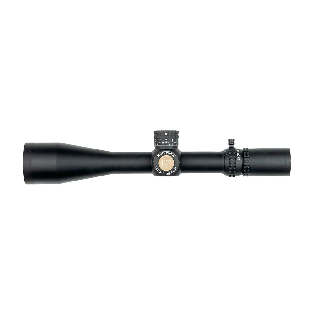 Nightforce ATACR 7-35x56mm F1 scope close-up highlighting FFP clarity for precise holds