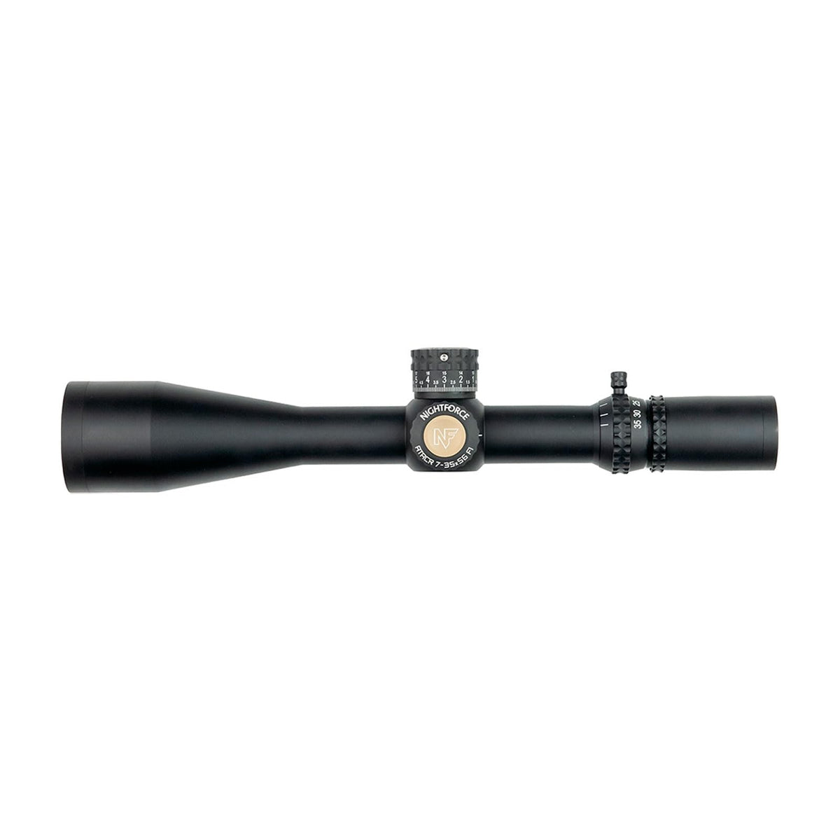 Nightforce ATACR 7-35x56mm F1 scope close-up highlighting FFP clarity for precise holds