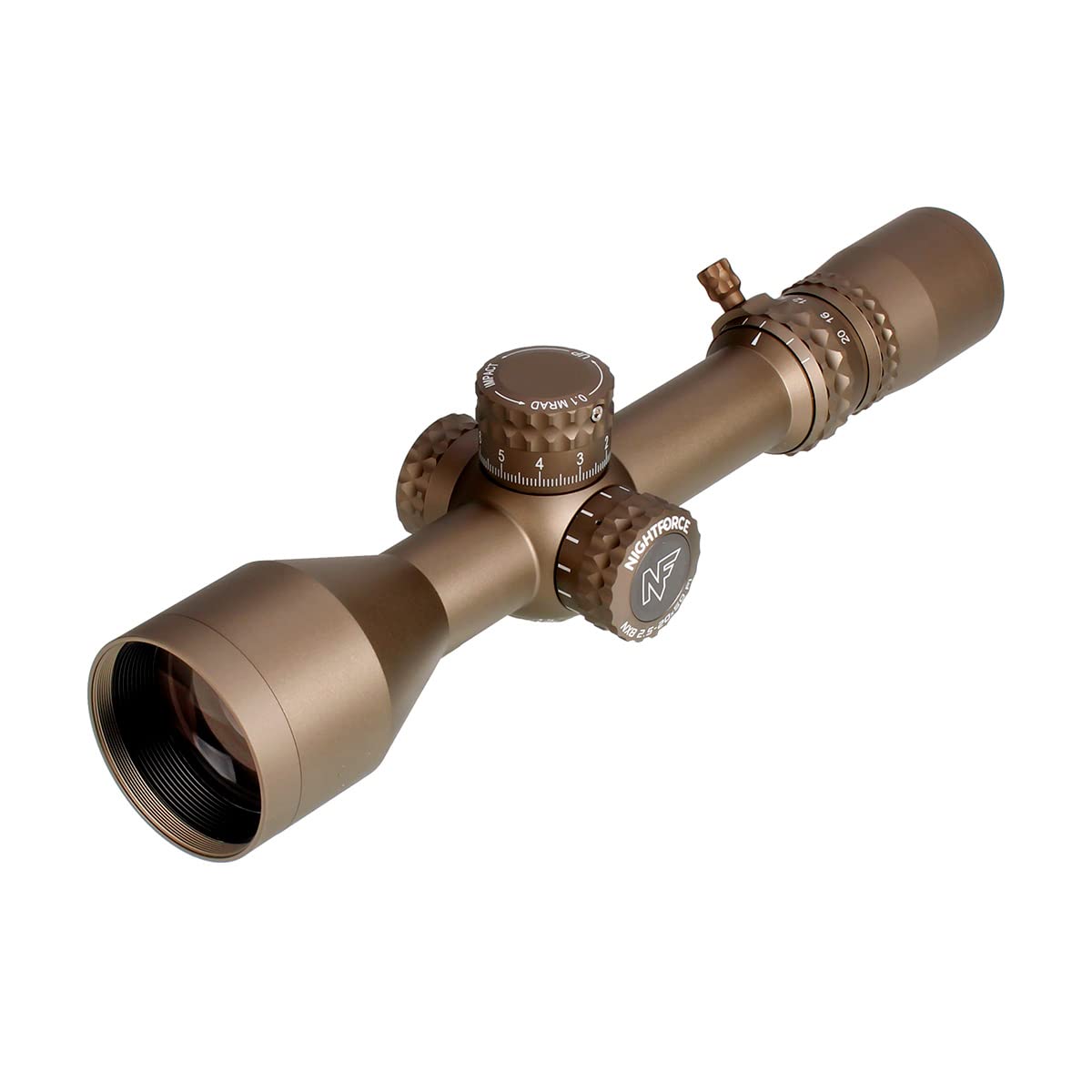 Nightforce NX8 50mm objective close-up highlighting high resolution and light transmission.