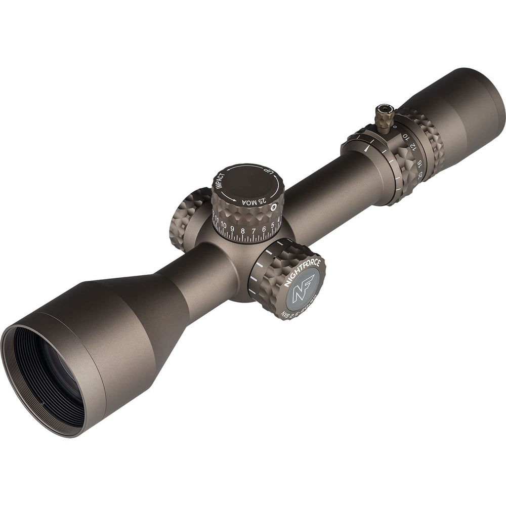 Nightforce NX8 MOAR-CF2 reticle illuminated for fast holds in low light.