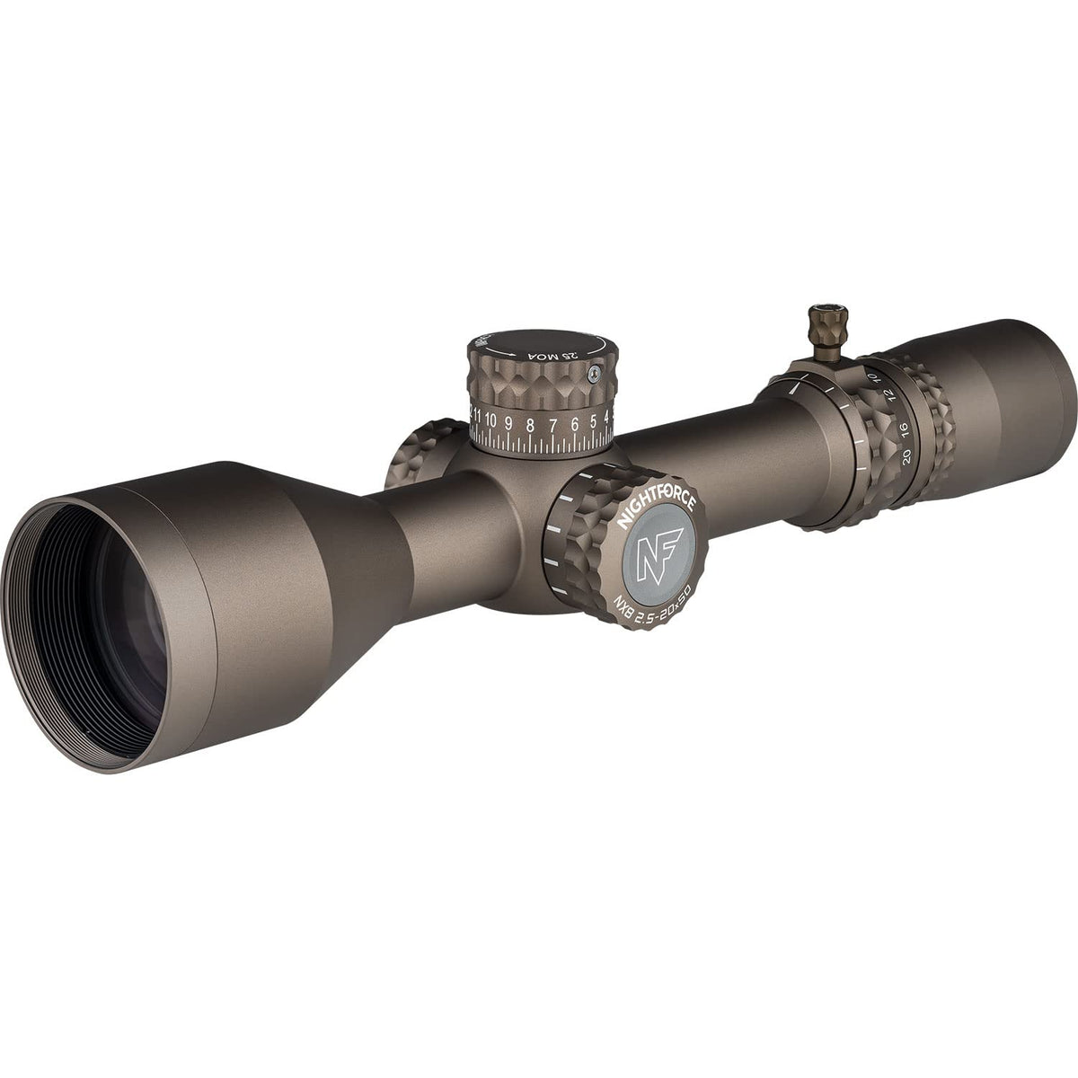 Nightforce NX8 side view in dark earth shows rugged design for harsh environments.