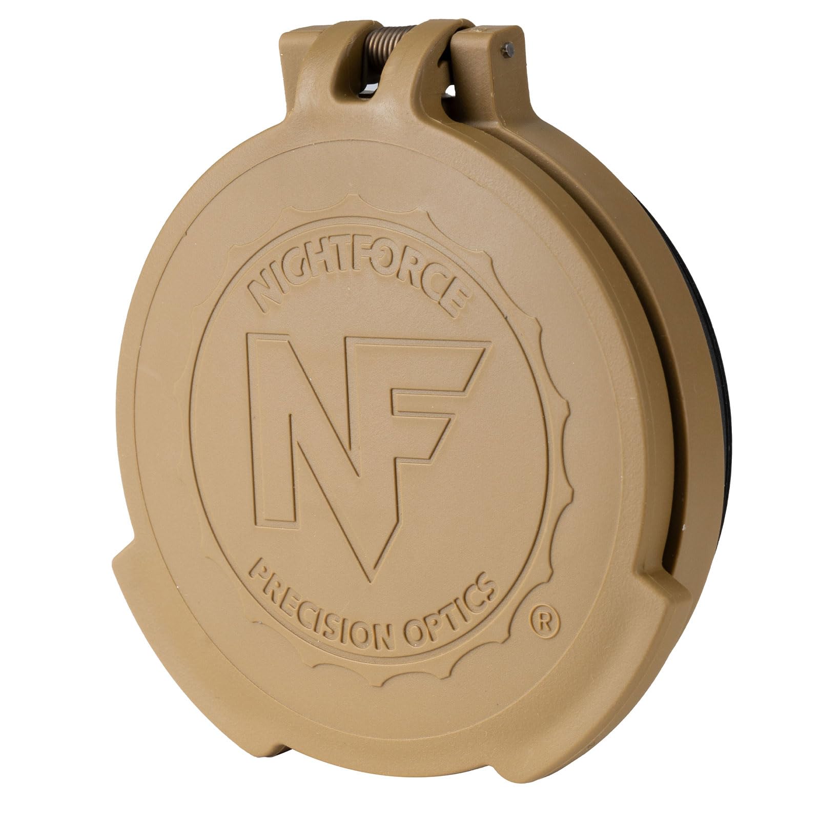 Nightforce objective flip-up lens cap with thread-in attachment protects optics in rugged conditions.