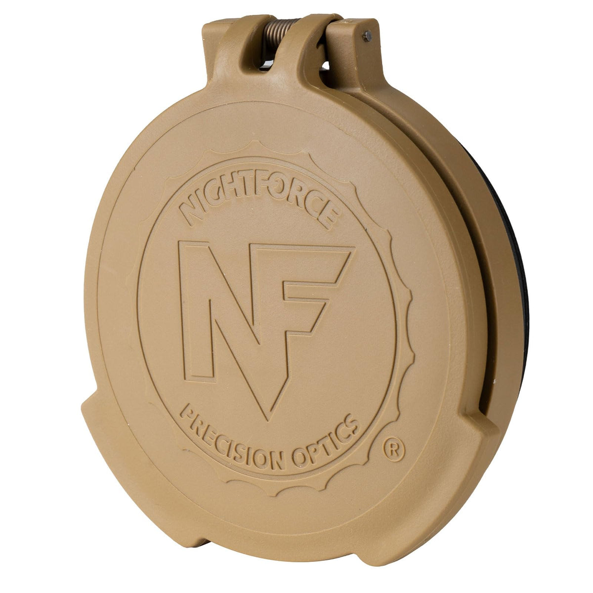Nightforce objective flip-up lens cap with thread-in attachment protects optics in rugged conditions.