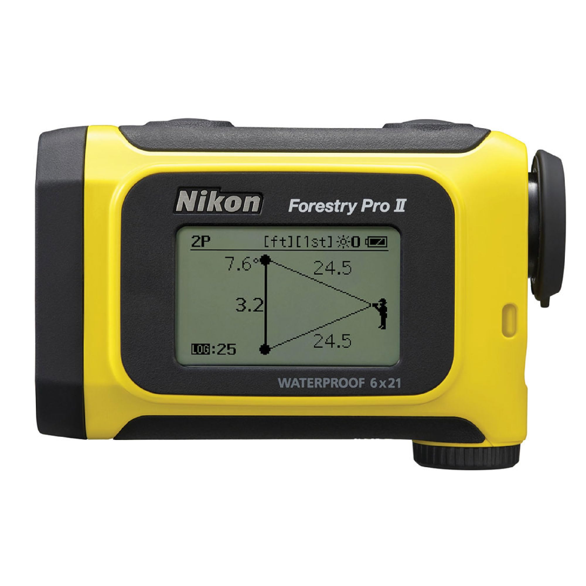 Nikon Forestry Pro II hypsometer image illustrating height calculations for trees and structures.
