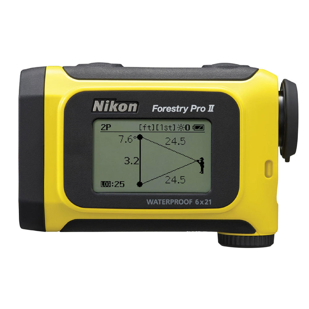 Nikon Forestry Pro II hypsometer image illustrating height calculations for trees and structures.
