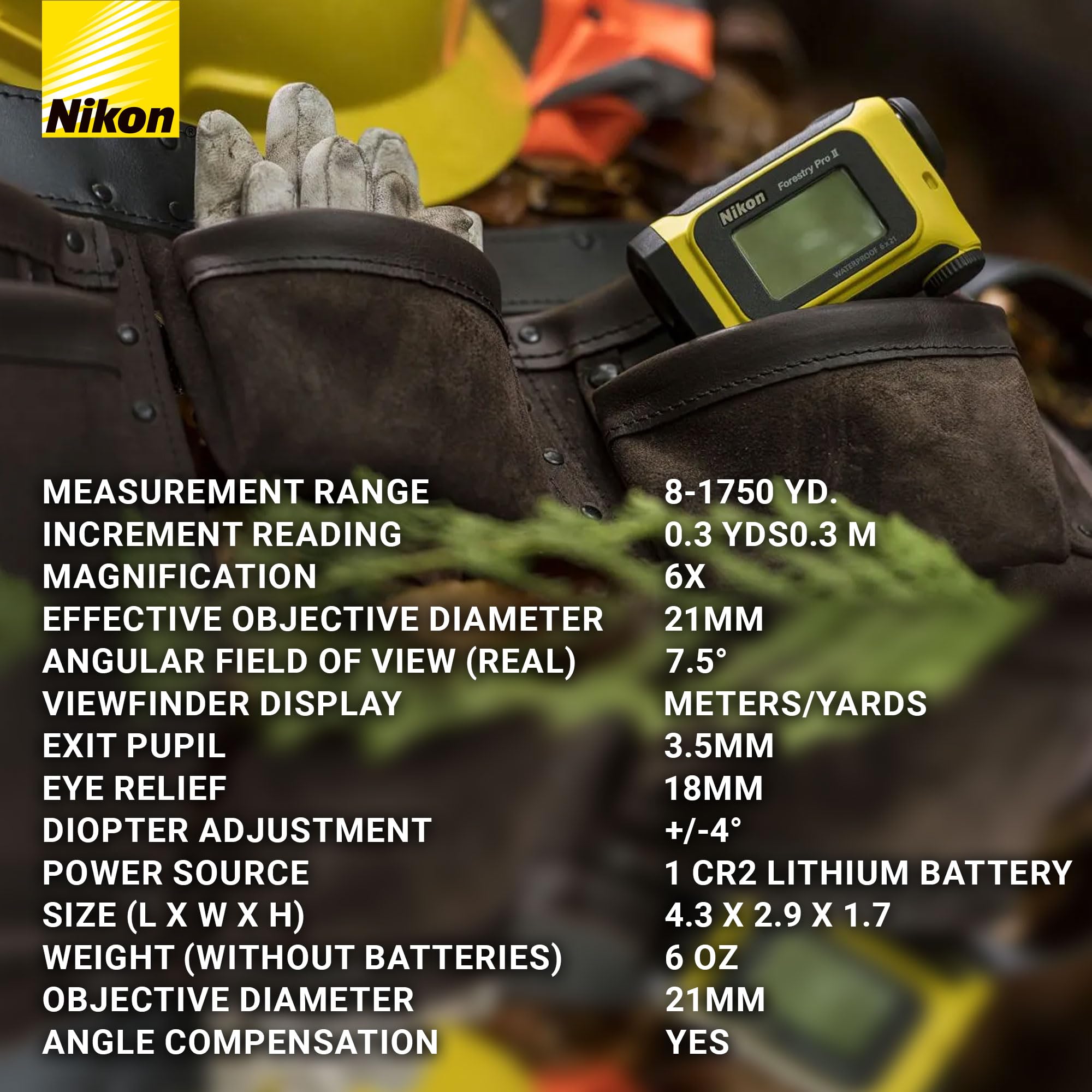 Nikon Forestry Pro II in action at dawn with mist, showcasing long-range capability up to 1750 yards.