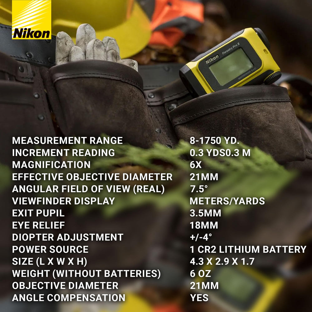 Nikon Forestry Pro II in action at dawn with mist, showcasing long-range capability up to 1750 yards.