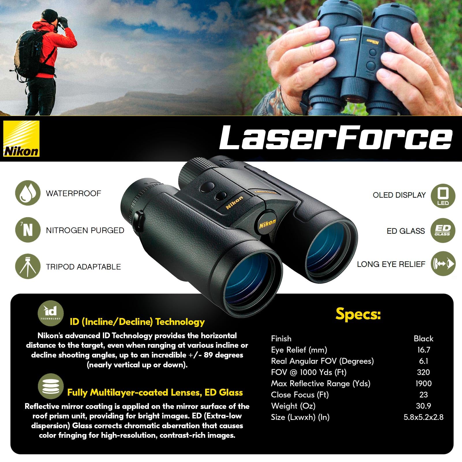 Nikon LaserForce flip-down lens caps protecting lenses during rugged hunts.