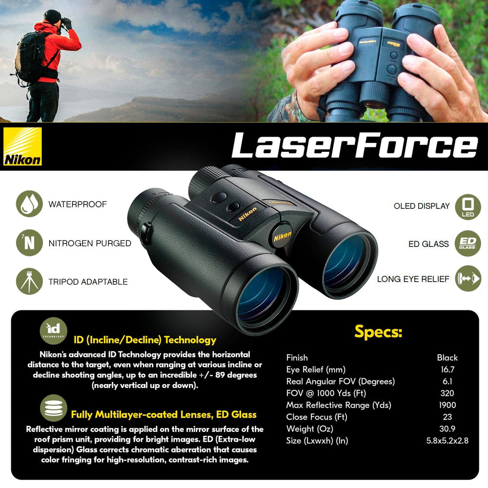 Nikon LaserForce flip-down lens caps protecting lenses during rugged hunts.