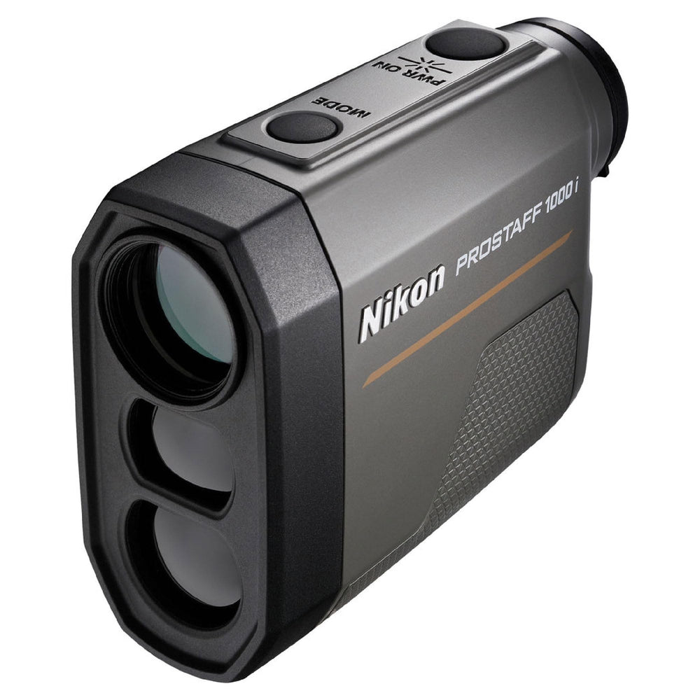 Nikon PROSTAFF 1000i in angled view showing compact rangefinder design for field use