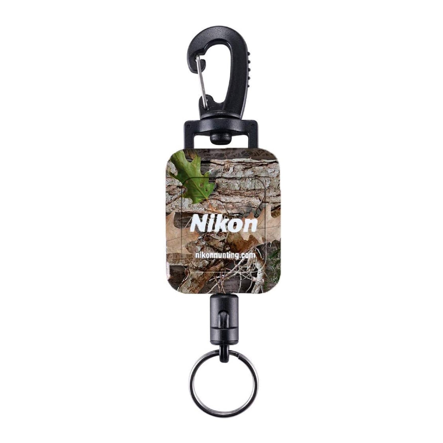 Nikon retractable rangefinder tether in Kanati Realtree camo securing gear during hunts.