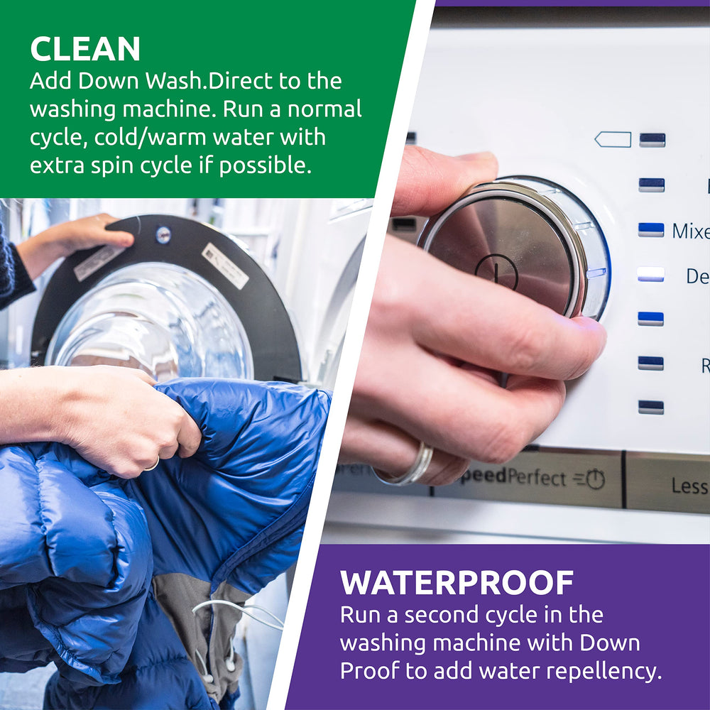 Nikwax Down Proof on a down jacket demonstrates water repellency in damp conditions