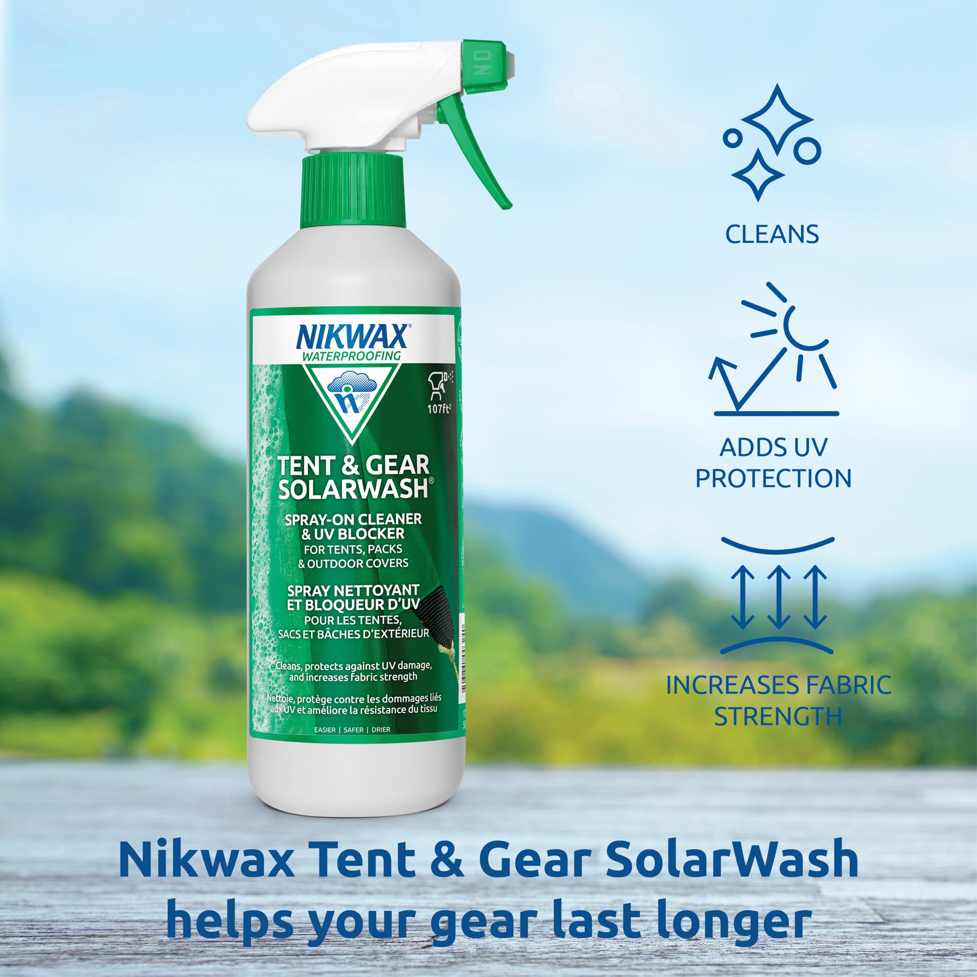 Nikwax SolarWash restores water repellency on tents and backpacks.